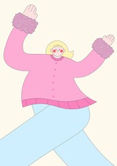 Vector illustration of a cheerful girl in a pink sweater