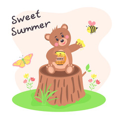 Baby bear with honey pot is sitting on the tree stump. Cartoon bee and butterfly is flying. Summer meadow with flowers. Sweet summer text.