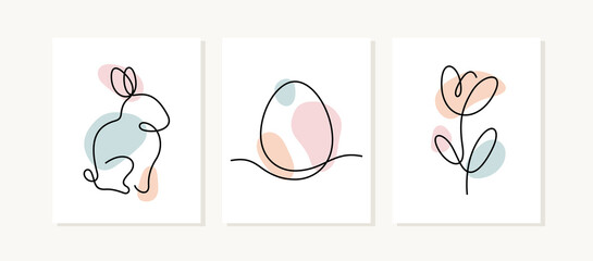 Osterplakate. Feiertagssymbole, Kaninchen, Ei, Frühlingsblumen, einzeilige Illustrationen.