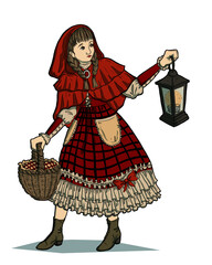 Little red riding hood. Girl in hood with basket and lantern lights her way. Fairy tale character. Vector illustration - 487951808