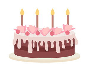 Birthday cake with decorations semi flat color vector object. Full sized item on white. Party fare. Delicious dessert simple cartoon style illustration for web graphic design and animation