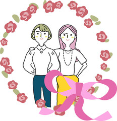 ピンクのリボンと花に囲まれた二人の女性　イラスト素材 