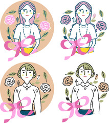 ピンクのリボンと花に囲まれた女性　セット　イラスト素材	