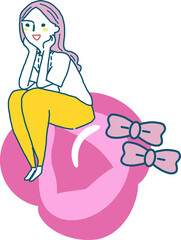 ピンクのリボンの付いた薔薇の上に座る女性　イラスト素材	