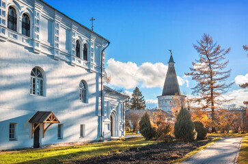 Refectory and Epiphany Church of the Joseph-Volotsky Monastery in Teryaevo on an autumn day