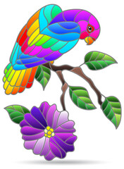 An illustration in the style of a stained glass window with a bright parrot on a branch, a bird isolated on a white background