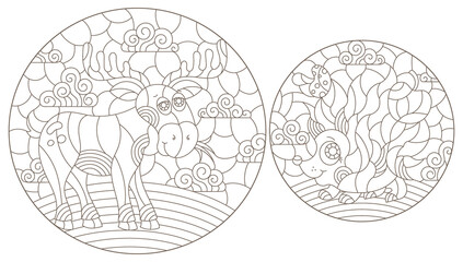 Fototapeta premium A set of contour illustrations in the style of stained glass with cute cartoon hedgehog and moose, dark contours on a white background