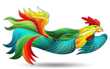 An illustration in the style of a stained glass window with an abstract rooster, an animal isolated on a white background