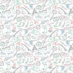 Seamless pattern on the theme of fishing, simple colored contour icons on white background