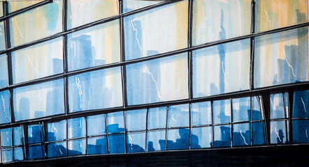 Abstract architectur sketch of office building with glass front and window reflections. Illustration.