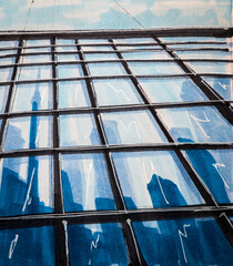 Abstract architectur sketch of office building with glass front and window reflections. Illustration.
