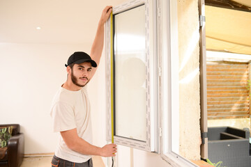 handsome young professional man installing and replacing a new home windows in client house for improvement energy saving efficiency isolation