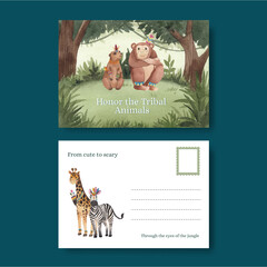 Fototapeta premium Postcard template with jungle tribal animal concept,watercolor style