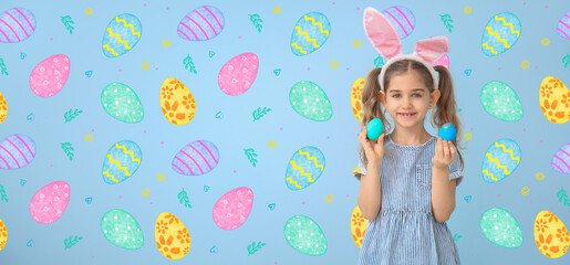 Funny little girl with Easter eggs and bunny ears on color background