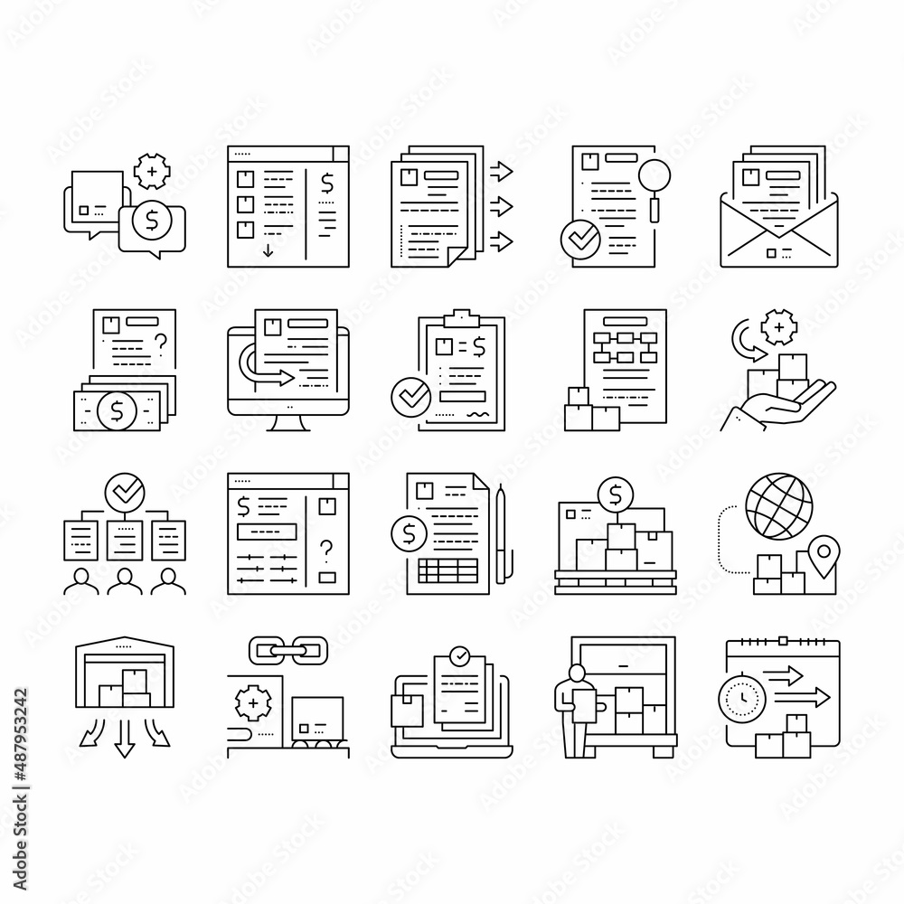 Poster procurement process collection icons set vector .