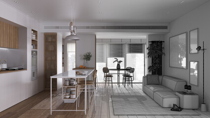 Architect interior designer concept: hand-drawn draft unfinished project that becomes real, living room, kitchen and dining room. Island, stools, table, chairs, sofa