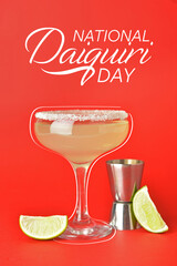 Glass of tasty cocktail on red background. National Daiquiri Day