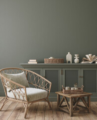 Blank wall mockup in farmhouse living room interior, 3d render © artjafara