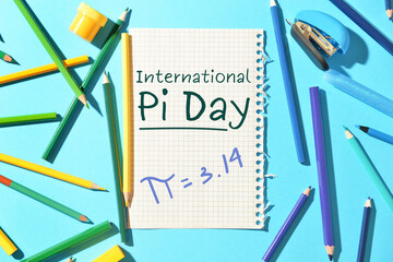 Set of stationery with paper sheet on color background. International Pi Day