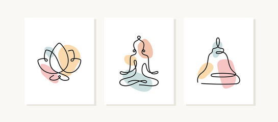 Buddhism posters. Religious symbols, lotus, Buddha, temple continuous line vector illustrations.