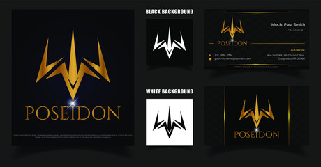 Poseidon Trident Logo. Simple and Luxurious Company Logo Design. Business card design 