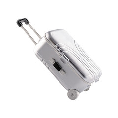 Gray plastic suitcase on wheels in transport inclined position isolated