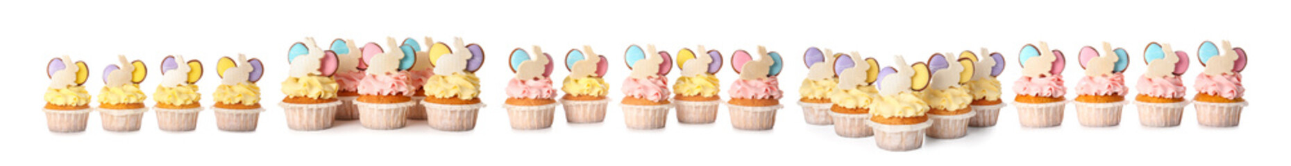Set of creative Easter cupcakes isolated on white