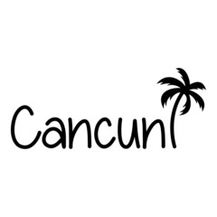 Cancun Beach. Destino de vacaciones. Banner con texto Cancun con silueta de palmera en color negro