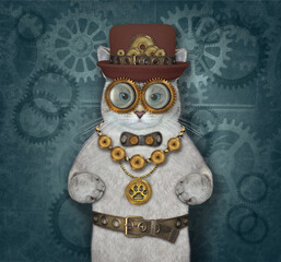 An ashen cat wears steampunk outfit. Blue background.