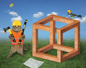 A beige cat bricklayer in a construction helmet with an axe and a building level is near an...
