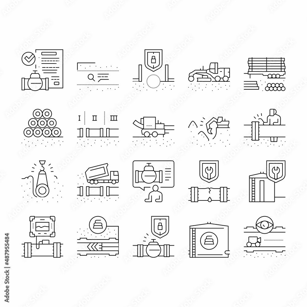 Poster pipeline construction collection icons set vector .