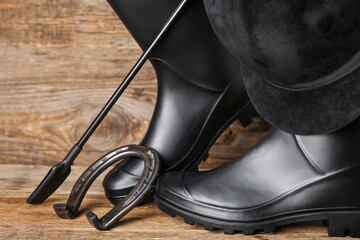 Set of equipment for horse riding on wooden background