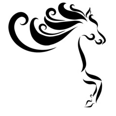 logo galloping black horse with fluffy graceful ornate mane jumping playfully clapping its hoof year of the fiery horse