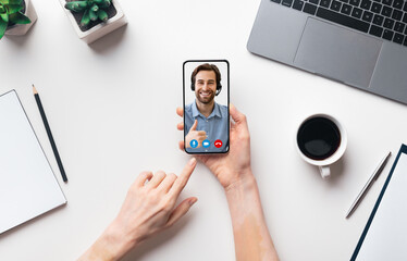 Unrecognizable businesswoman using smartphone in office for video conference with colleague, collage