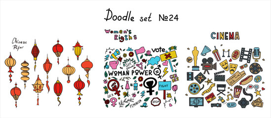 A set of doodle signs of feminism, women s rights. Hand drawn vector icons set of chinese paper lanterns and Cinema, TV Shows, Series and Movies. A rally to fight for voting rights. International