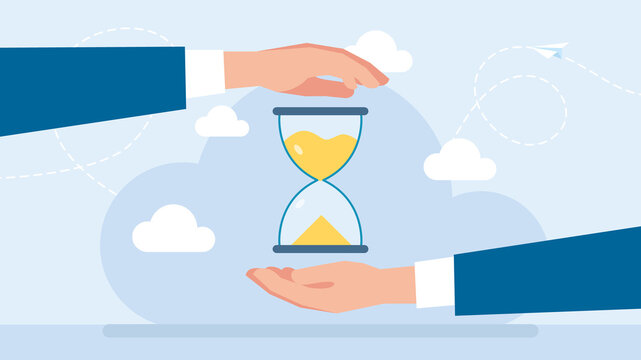 The metaphor of Time management. Save time, plan business. Businessman holding a clock in hands. Execution of tasks on time. Adherence to the deadline. Resource management. Flat illustration.