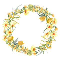 Watercolor hand painted floral round frame with different  kind of yellow wild flowers isolated on white. Beautiful meadow wreath. Great template for greeting cards design,  invitations.