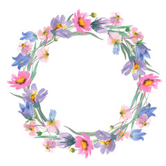 Watercolor hand painted floral round frame with pink and purple wild flowers isolated on white. Beautiful meadow wreath. Great template for greeting cards design,  invitations.