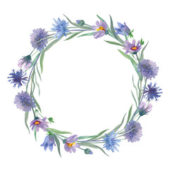 Watercolor hand painted floral round frame with green leaves and  blue and purple wild flowers isolated on white. Beautiful meadow wreath. Great template for greeting cards design,  invitations.