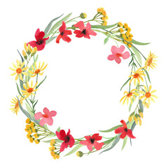 Naklejka na ściany i meble Watercolor hand painted floral round frame with yellow camomile and red poppy wild flowers isolated on white. Beautiful meadow wreath. Great template for greeting cards design, invitations.