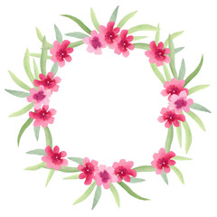 Obraz na płótnie Canvas Watercolor hand painted floral round frame with green leaves and pink flowers isolated on white. Beautiful wreath. Great template for greeting cards design, invitations.