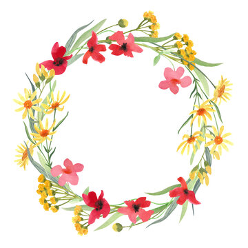 Watercolor hand painted floral round frame with yellow camomile and red poppy wild flowers isolated on white. Beautiful meadow wreath. Great template for greeting cards design,  invitations.
