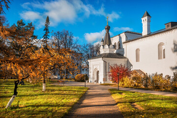 Refectory and Epiphany Church of the Joseph-Volotsky Monastery in Teryaevo on an autumn day