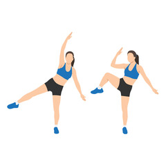 Woman doing Single leg side crunch exercise. Flat vector illustration isolated on white background