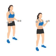Fototapeta premium Woman doing Bicep curl exercise. Flat vector illustration isolated on white background