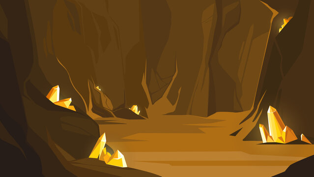 Cave with yellow crystals. Beautiful underground location.