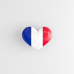 A heart-shaped badge with the national flag of the French Republic as a symbol of patriotism and pride in one's country. State symbol of France on a glossy badge. 3D rendering