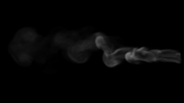 Landscape view of Tall and Thin Wisp of White Smoke with very Low Density going up Slowly on a Black Background