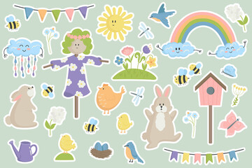illustration isolated set of stickers with white contour spring elements scarecrow, rainbow, flower bed, rabbit.Spring stickers concept in cartoon style for scrapbooking,planner, children's art.