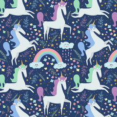 Vector seamless pattern of fabulous unicorns among flowers and rainbows. Fabulous concept for children's textiles, room decor
